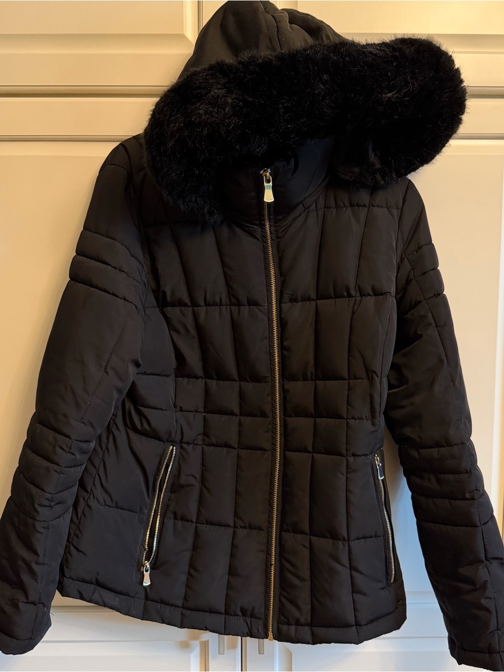 Calvin Klein Black Quilted Hooded Puffer with Faux Fur Trim